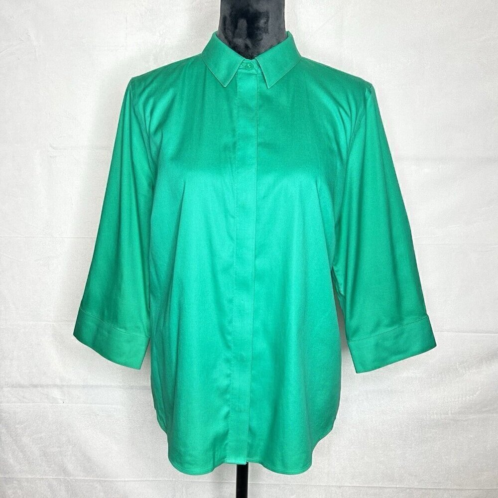 Chicos Sz 2 (12-14) Large Green No-Iron 3/4 Sleeve Hidden Button-Down Tunic Top